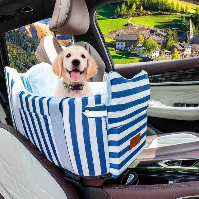Main image of Console Dog Car Seat for Small Dogs to 15lbs (Blue& White Stripes) | Center Console Puppy Booster and Portable Travel Bed, Anti-Collapse Design with Washable Fluffy Cushion