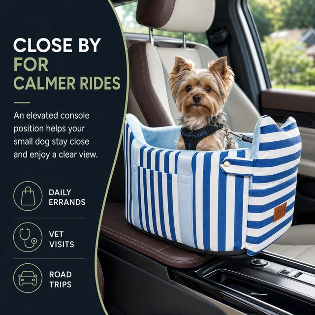 Alt view image 2 of 6 - Console Dog Car Seat for Small Dogs to 15lbs (Blue& White Stripes) | Center Console Puppy Booster and Portable Travel Bed, Anti-Collapse Design with Washable Fluffy Cushion