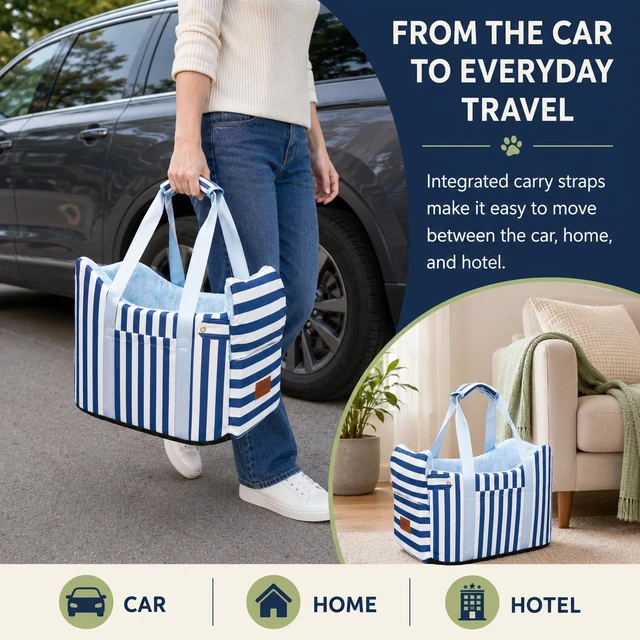 Alt view image 3 of 6 - Console Dog Car Seat for Small Dogs to 15lbs (Blue& White Stripes) | Center Console Puppy Booster and Portable Travel Bed, Anti-Collapse Design with Washable Fluffy Cushion
