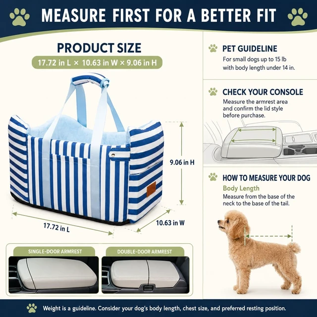 Alt view image 4 of 6 - Console Dog Car Seat for Small Dogs to 15lbs (Blue& White Stripes) | Center Console Puppy Booster and Portable Travel Bed, Anti-Collapse Design with Washable Fluffy Cushion