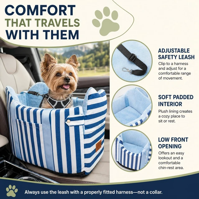 Alt view image 5 of 6 - Console Dog Car Seat for Small Dogs to 15lbs (Blue& White Stripes) | Center Console Puppy Booster and Portable Travel Bed, Anti-Collapse Design with Washable Fluffy Cushion