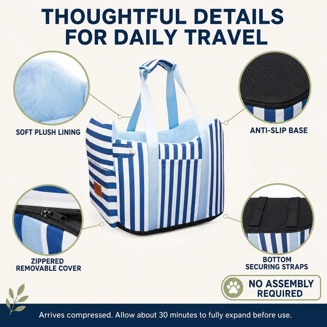 Alt view image 6 of 6 - Console Dog Car Seat for Small Dogs to 15lbs (Blue& White Stripes) | Center Console Puppy Booster and Portable Travel Bed, Anti-Collapse Design with Washable Fluffy Cushion