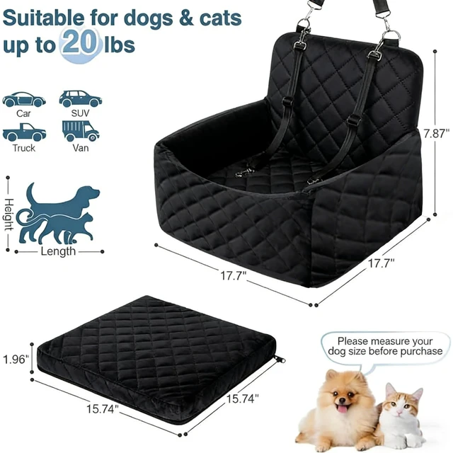 Alt view image 2 of 7 - Dog Car Seat for Small Medium Dogs - Memory Foam Seat with Cushion for Pets Under 35lbs,Detachable & Machine Washable Pet Car Bed, Includes 2 Safety Belts Storage Pockets,Universal Fit for SUV Sedan