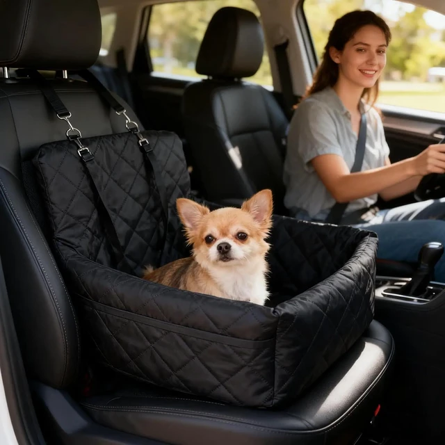 Alt view image 3 of 7 - Dog Car Seat for Small Medium Dogs - Memory Foam Seat with Cushion for Pets Under 35lbs,Detachable & Machine Washable Pet Car Bed, Includes 2 Safety Belts Storage Pockets,Universal Fit for SUV Sedan