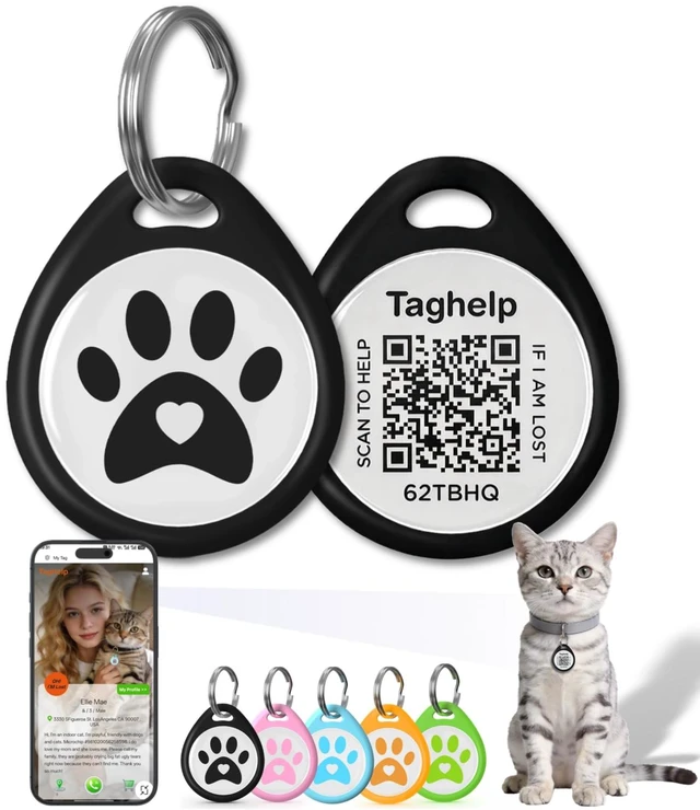 Main image of QR Code Cat ID Tag for Collar, Smart Pet ID with Free Online Profile, Instant Scan to Contact Owner, Silent Anti-Lost Cat Tag, No App or Subscription, Black 1