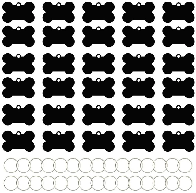 Main image of 30 Pcs Black Bone Shape Aluminum Pet ID Tags with Key Ring