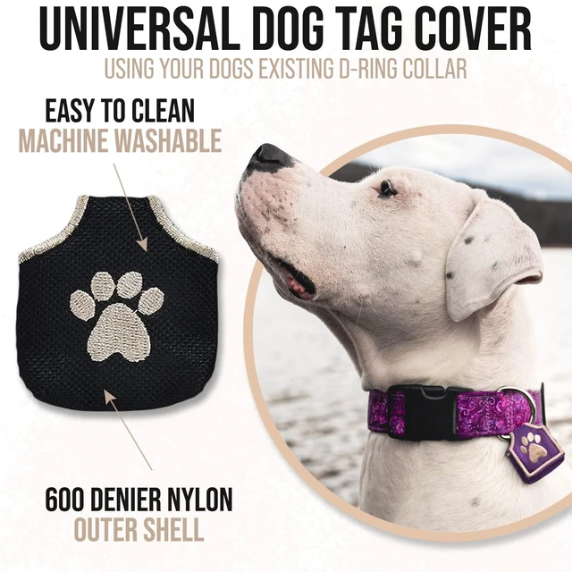 Alt view image 3 of 7 - Dog Tag Silencer, Black Pawprint - Quiet Noisy Pet Tags - Fits Up to Four Pet IDs - Dog Tag Cover Protects Metal Pets IDs, Made of Durable Nylon, Universal Fit, Machine Washable