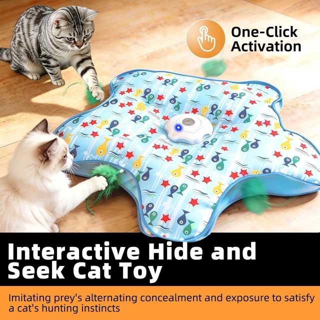 Alt view image 2 of 7 - Interactive Cat Toy, Peek-a-Boo Series Hidden Feather Wand, Rechargeable Indoor Hunting Toy, Squeaky Bird Sound, and Small Fish Pattern Cover