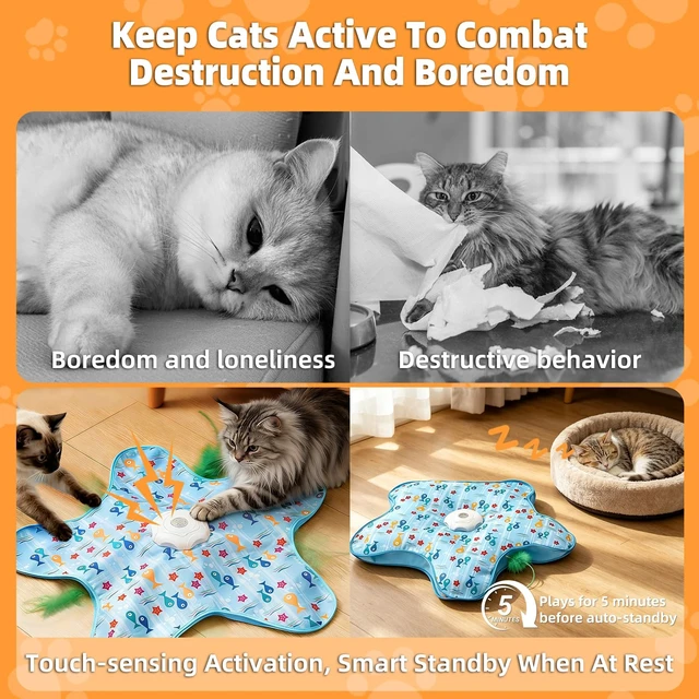 Alt view image 3 of 7 - Interactive Cat Toy, Peek-a-Boo Series Hidden Feather Wand, Rechargeable Indoor Hunting Toy, Squeaky Bird Sound, and Small Fish Pattern Cover