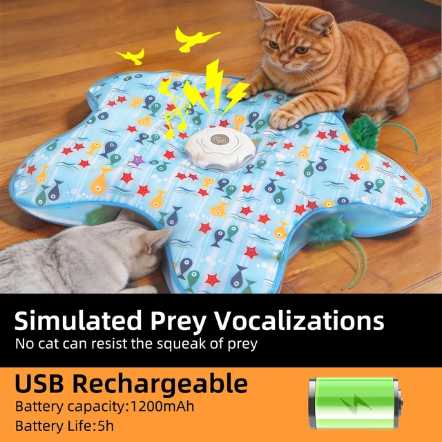 Alt view image 5 of 7 - Interactive Cat Toy, Peek-a-Boo Series Hidden Feather Wand, Rechargeable Indoor Hunting Toy, Squeaky Bird Sound, and Small Fish Pattern Cover