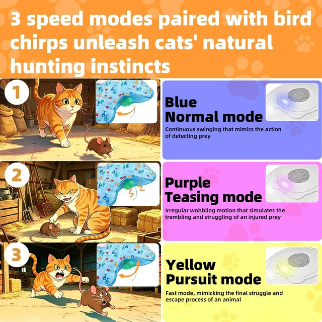 Alt view image 4 of 7 - Interactive Cat Toy, Peek-a-Boo Series Hidden Feather Wand, Rechargeable Indoor Hunting Toy, Squeaky Bird Sound, and Small Fish Pattern Cover