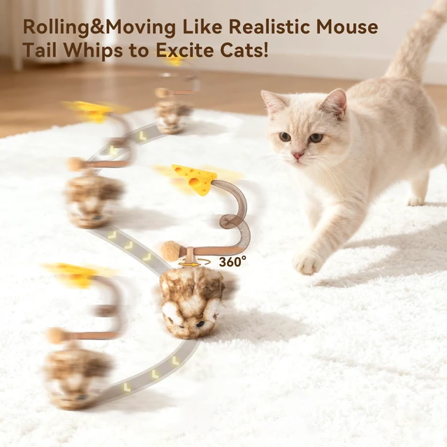 Alt view image 2 of 7 - Interactive MigiMouse Cat Toy 360° Rolling & Spin with Mesh Plastic Tail for Indoor Cats Smart Motion Sensor, Realistic Squeak, Rechargeable Plush Kitten Toy(Brown Long)