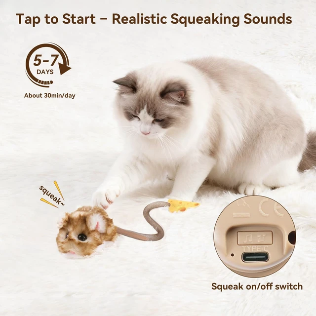 Alt view image 3 of 7 - Interactive MigiMouse Cat Toy 360° Rolling & Spin with Mesh Plastic Tail for Indoor Cats Smart Motion Sensor, Realistic Squeak, Rechargeable Plush Kitten Toy(Brown Long)