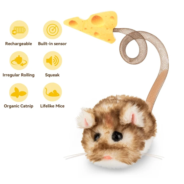 Alt view image 4 of 7 - Interactive MigiMouse Cat Toy 360° Rolling & Spin with Mesh Plastic Tail for Indoor Cats Smart Motion Sensor, Realistic Squeak, Rechargeable Plush Kitten Toy(Brown Long)