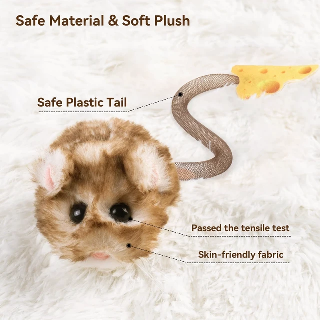 Alt view image 5 of 7 - Interactive MigiMouse Cat Toy 360° Rolling & Spin with Mesh Plastic Tail for Indoor Cats Smart Motion Sensor, Realistic Squeak, Rechargeable Plush Kitten Toy(Brown Long)