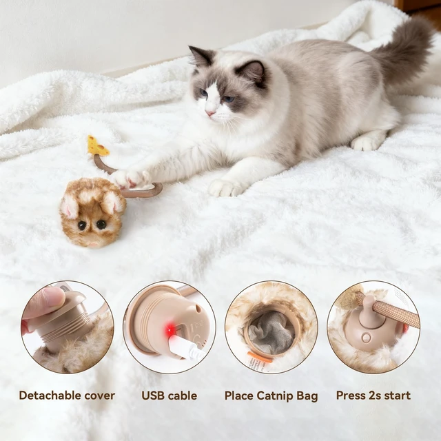 Alt view image 6 of 7 - Interactive MigiMouse Cat Toy 360° Rolling & Spin with Mesh Plastic Tail for Indoor Cats Smart Motion Sensor, Realistic Squeak, Rechargeable Plush Kitten Toy(Brown Long)