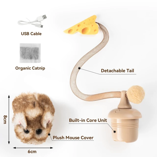 Alt view image 7 of 7 - Interactive MigiMouse Cat Toy 360° Rolling & Spin with Mesh Plastic Tail for Indoor Cats Smart Motion Sensor, Realistic Squeak, Rechargeable Plush Kitten Toy(Brown Long)