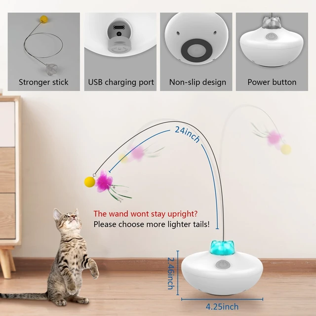 Alt view image 4 of 7 - Interactive Cat Toys Indoor Cats Toy Automatic Moving Feather Wand | Flying Feather Wobble Base Rechargeable Cat Toy, Extra Long Feather Wand Spin Cat Game & DIY Tails On