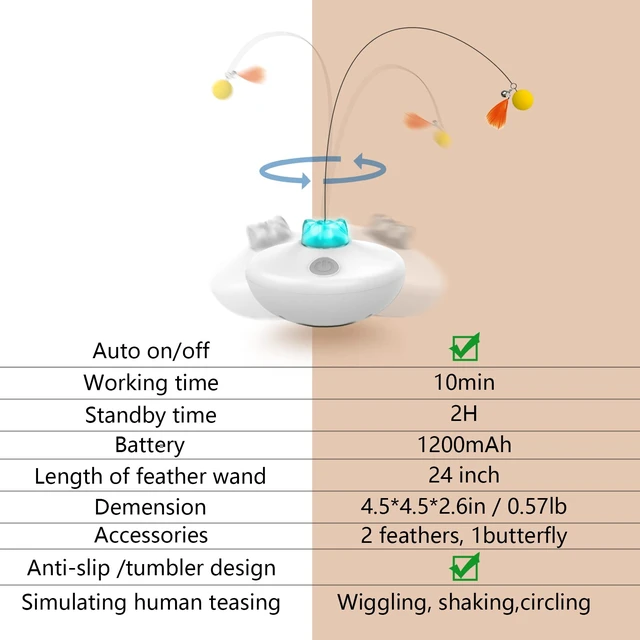 Alt view image 6 of 7 - Interactive Cat Toys Indoor Cats Toy Automatic Moving Feather Wand | Flying Feather Wobble Base Rechargeable Cat Toy, Extra Long Feather Wand Spin Cat Game & DIY Tails On