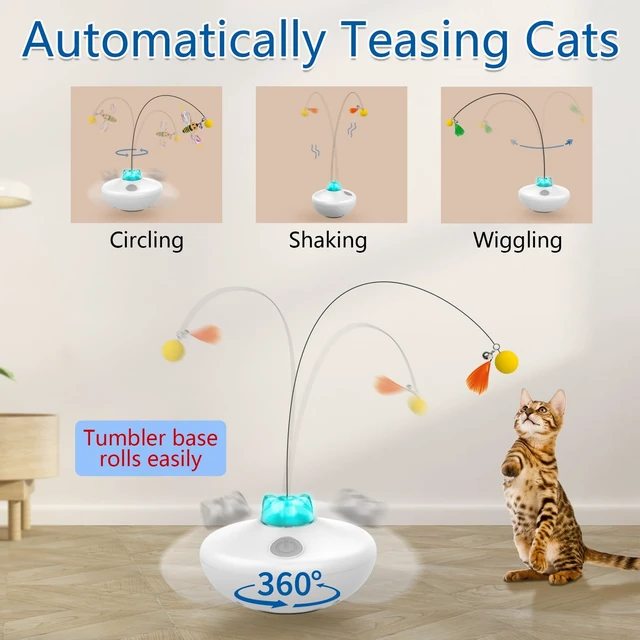 Alt view image 3 of 7 - Interactive Cat Toys Indoor Cats Toy Automatic Moving Feather Wand | Flying Feather Wobble Base Rechargeable Cat Toy, Extra Long Feather Wand Spin Cat Game & DIY Tails On