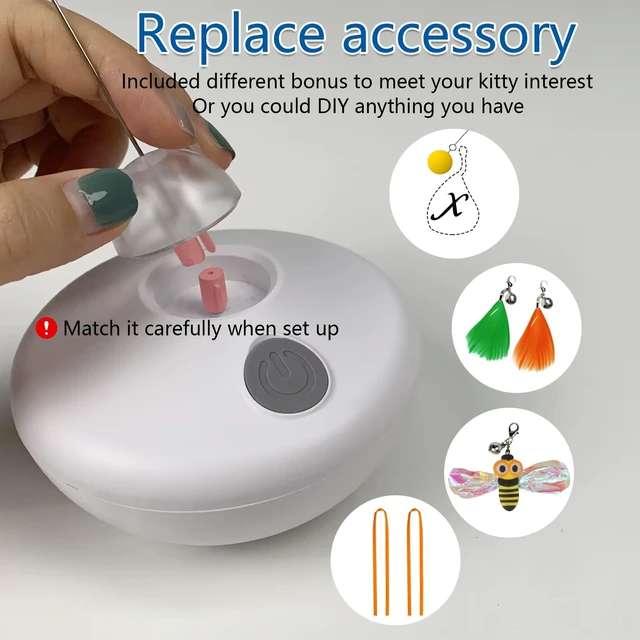 Alt view image 7 of 7 - Interactive Cat Toys Indoor Cats Toy Automatic Moving Feather Wand | Flying Feather Wobble Base Rechargeable Cat Toy, Extra Long Feather Wand Spin Cat Game & DIY Tails On