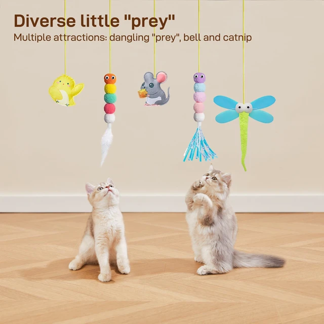 Alt view image 3 of 6 - Interactive Cat Feather Toys 5 Pcs, Cat Teaser Retractable Hanging Indoor Kitten Play Chase Exercise, Mental Physical Stimulation for All Breeds and Species