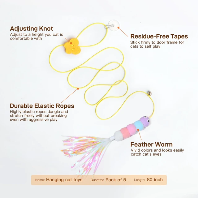 Alt view image 6 of 6 - Interactive Cat Feather Toys 5 Pcs, Cat Teaser Retractable Hanging Indoor Kitten Play Chase Exercise, Mental Physical Stimulation for All Breeds and Species