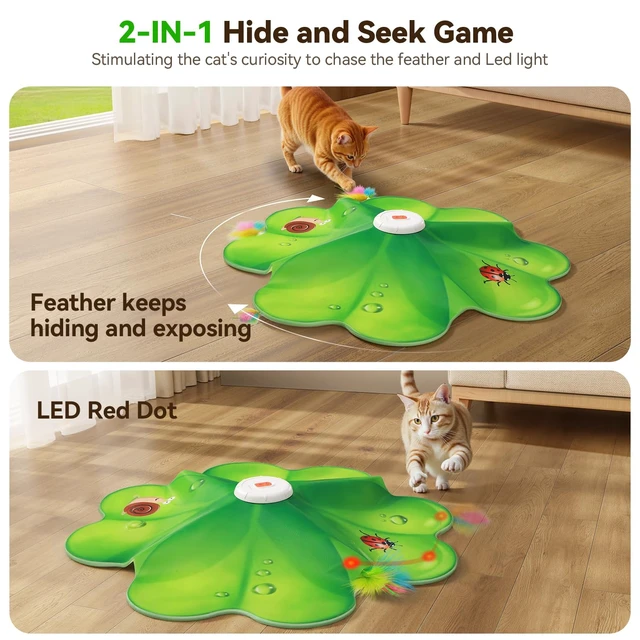 Alt view image 2 of 7 - Rechargeable Cat Toys, 2 in 1 Hide and Seek Game Interactive Cat Toy, Movable LED Red Dot, Moving Concealed Feathers, Durable Exercise Toys for Indoor Cats, Bored Adult Cats Wand Toy