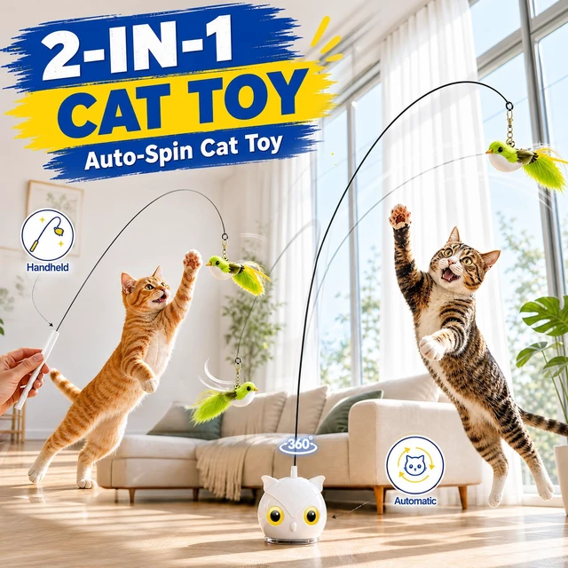 Alt view image 2 of 7 - Interactive Cat Toy for Indoor Cats, Automatic Flying Bird Toy | Rechargeable 360-degree flying bird wand with 2 speeds, touch restart, 10-minute play cycle, and washable sticky base
