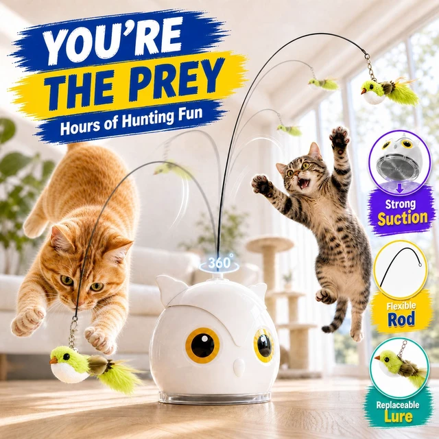 Alt view image 3 of 7 - Interactive Cat Toy for Indoor Cats, Automatic Flying Bird Toy | Rechargeable 360-degree flying bird wand with 2 speeds, touch restart, 10-minute play cycle, and washable sticky base