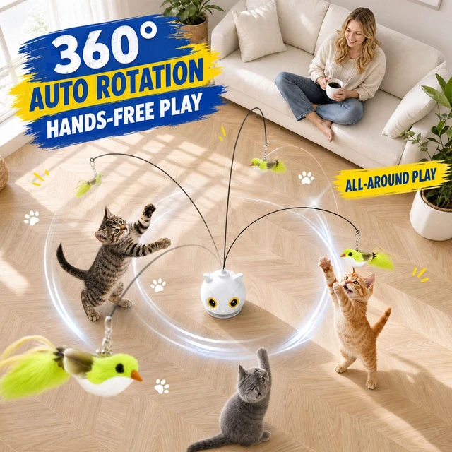 Alt view image 5 of 7 - Interactive Cat Toy for Indoor Cats, Automatic Flying Bird Toy | Rechargeable 360-degree flying bird wand with 2 speeds, touch restart, 10-minute play cycle, and washable sticky base