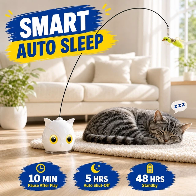 Alt view image 7 of 7 - Interactive Cat Toy for Indoor Cats, Automatic Flying Bird Toy | Rechargeable 360-degree flying bird wand with 2 speeds, touch restart, 10-minute play cycle, and washable sticky base