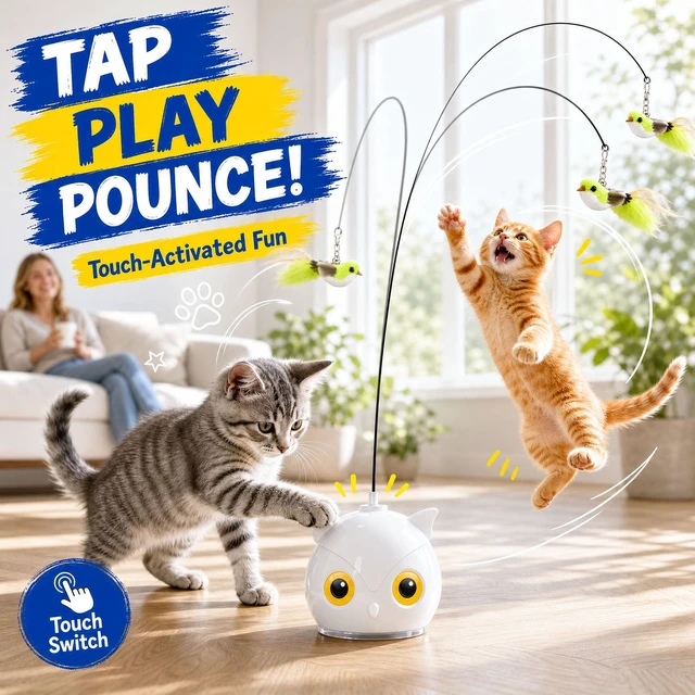 Alt view image 6 of 7 - Interactive Cat Toy for Indoor Cats, Automatic Flying Bird Toy | Rechargeable 360-degree flying bird wand with 2 speeds, touch restart, 10-minute play cycle, and washable sticky base