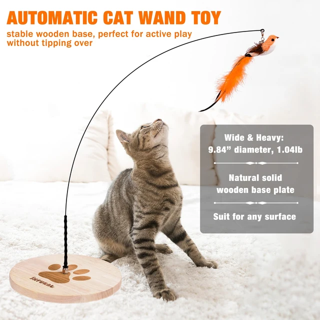 Alt view image 2 of 7 - Interactive cat Toy, Automatic Cat Wand Toy with Stable Wooden Base, 2 PCS Detachable Cat Teaser, 5PCS Refills Replacement & Hanging Elastic String, Kitty Kitten Toys Feather Spring Bird Toy