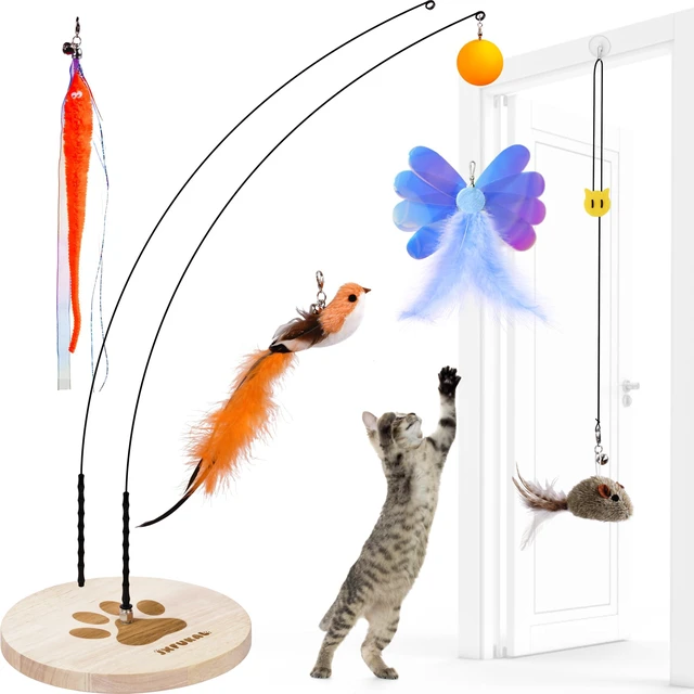 Main image of Interactive cat Toy, Automatic Cat Wand Toy with Stable Wooden Base, 2 PCS Detachable Cat Teaser, 5PCS Refills Replacement & Hanging Elastic String, Kitty Kitten Toys Feather Spring Bird Toy
