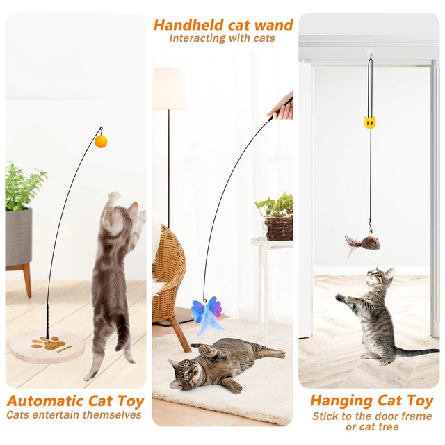 Alt view image 4 of 7 - Interactive cat Toy, Automatic Cat Wand Toy with Stable Wooden Base, 2 PCS Detachable Cat Teaser, 5PCS Refills Replacement & Hanging Elastic String, Kitty Kitten Toys Feather Spring Bird Toy