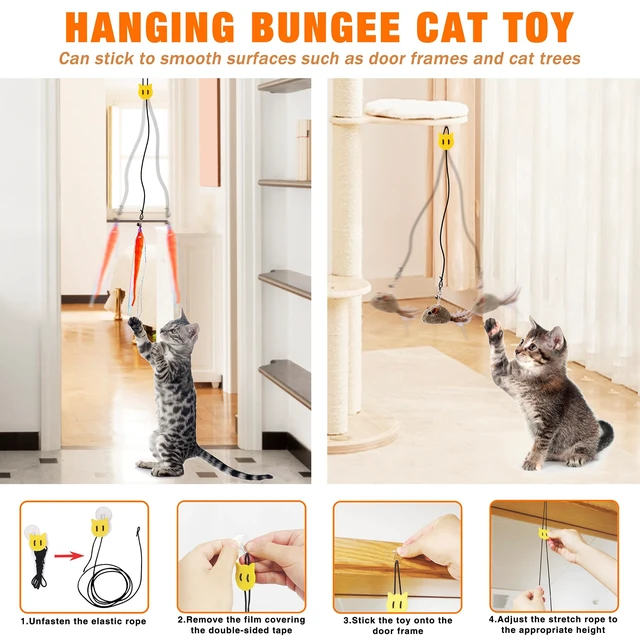 Alt view image 6 of 7 - Interactive cat Toy, Automatic Cat Wand Toy with Stable Wooden Base, 2 PCS Detachable Cat Teaser, 5PCS Refills Replacement & Hanging Elastic String, Kitty Kitten Toys Feather Spring Bird Toy
