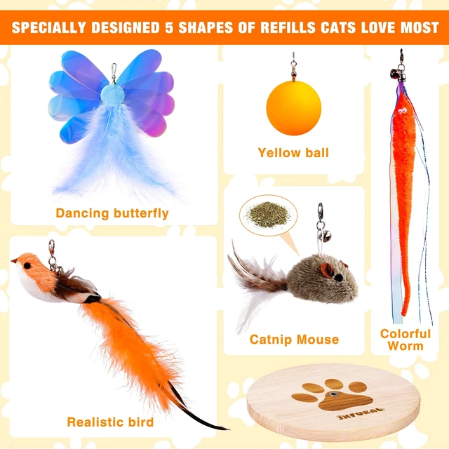 Alt view image 7 of 7 - Interactive cat Toy, Automatic Cat Wand Toy with Stable Wooden Base, 2 PCS Detachable Cat Teaser, 5PCS Refills Replacement & Hanging Elastic String, Kitty Kitten Toys Feather Spring Bird Toy