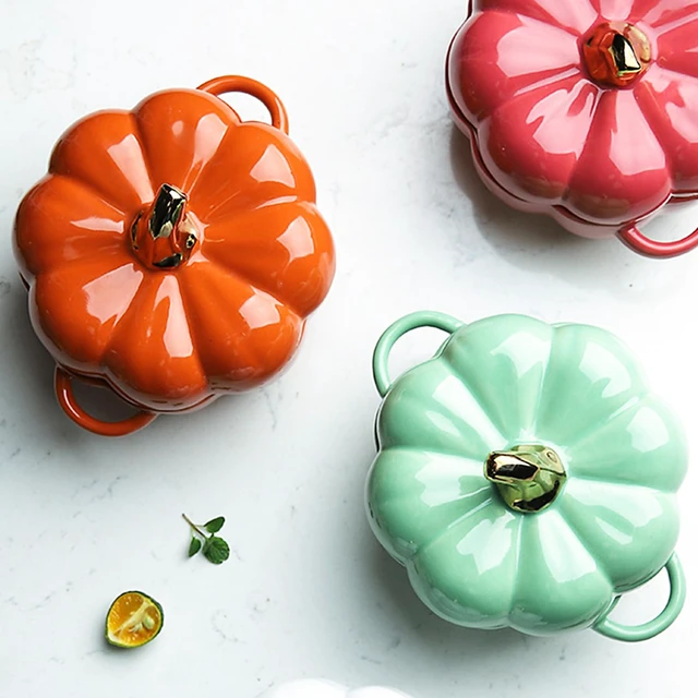 Alt view image 6 of 7 - Pumpkin Pottery Dutch Oven Pot with Lid, Mini Baking Dish Casserole (Green)