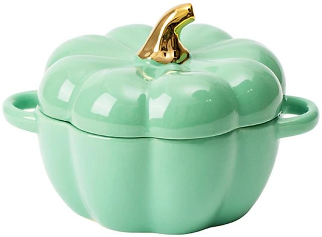 Main image of Pumpkin Pottery Dutch Oven Pot with Lid, Mini Baking Dish Casserole (Green)