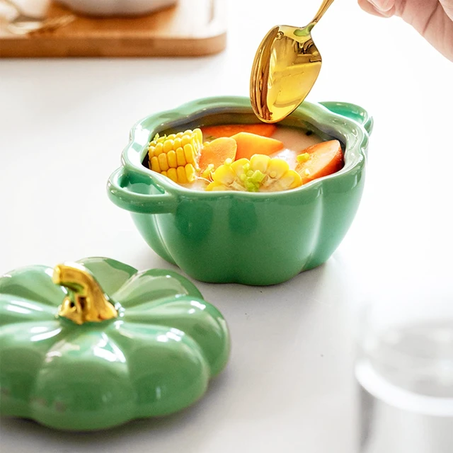 Alt view image 2 of 7 - Pumpkin Pottery Dutch Oven Pot with Lid, Mini Baking Dish Casserole (Green)