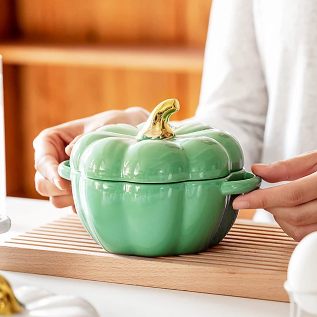 Alt view image 3 of 7 - Pumpkin Pottery Dutch Oven Pot with Lid, Mini Baking Dish Casserole (Green)