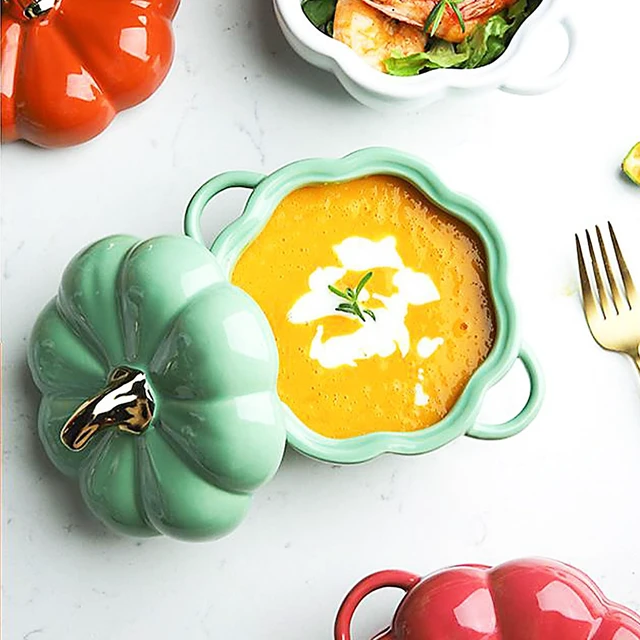 Alt view image 7 of 7 - Pumpkin Pottery Dutch Oven Pot with Lid, Mini Baking Dish Casserole (Green)