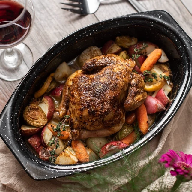 Alt view image 5 of 7 - 13" Oval Roaster with Lid Enameled Steel, Oven Safe to 932°F Ideal for Roasting, Baking & Sourdough Bread Self-Basting Cover, Dishwasher Safe, 7 lb Capacity