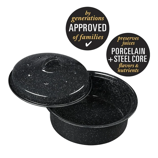 Alt view image 2 of 6 - Round Covered Roaster, 3 lb - Speckled Black | Enamel Steel Roasting Pan with Lid for Poultry, Meat & Vegetables, Non-Stick, Even Heat Distribution, Dishwasher Safe