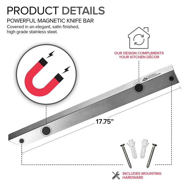 Alt view image 2 of 7 - Magnetic Knife Holder for Wall and Fridge - 18" Knife Magnetic Strip, Magnet Kitchen Knife Holder and Rack, Stainless Steel Magnetic Knife Bar for Kitchen Utensils