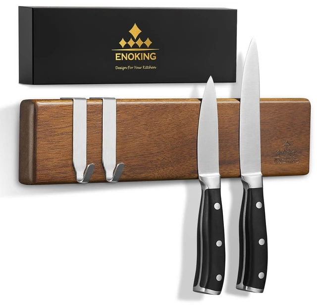 Main image of Magnetic Knife Holder for Wall, 10 Inch Acacia Wood Knife Strip, 2 Hooks | Strong Magnetic Hold, No-drill adhesive, screw, or fridge mounting options for small kitchens, apartments, limited spaces
