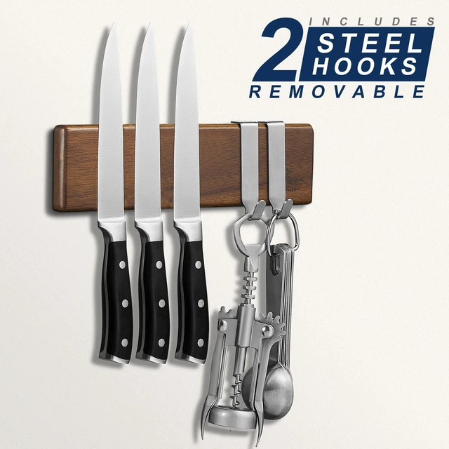 Alt view image 3 of 7 - Magnetic Knife Holder for Wall, 10 Inch Acacia Wood Knife Strip, 2 Hooks | Strong Magnetic Hold, No-drill adhesive, screw, or fridge mounting options for small kitchens, apartments, limited spaces