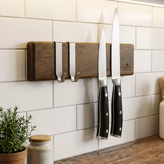 Alt view image 2 of 7 - Magnetic Knife Holder for Wall, 10 Inch Acacia Wood Knife Strip, 2 Hooks | Strong Magnetic Hold, No-drill adhesive, screw, or fridge mounting options for small kitchens, apartments, limited spaces