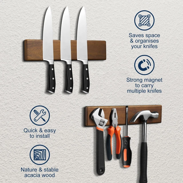 Alt view image 5 of 7 - Magnetic Knife Holder for Wall, 10 Inch Acacia Wood Knife Strip, 2 Hooks | Strong Magnetic Hold, No-drill adhesive, screw, or fridge mounting options for small kitchens, apartments, limited spaces